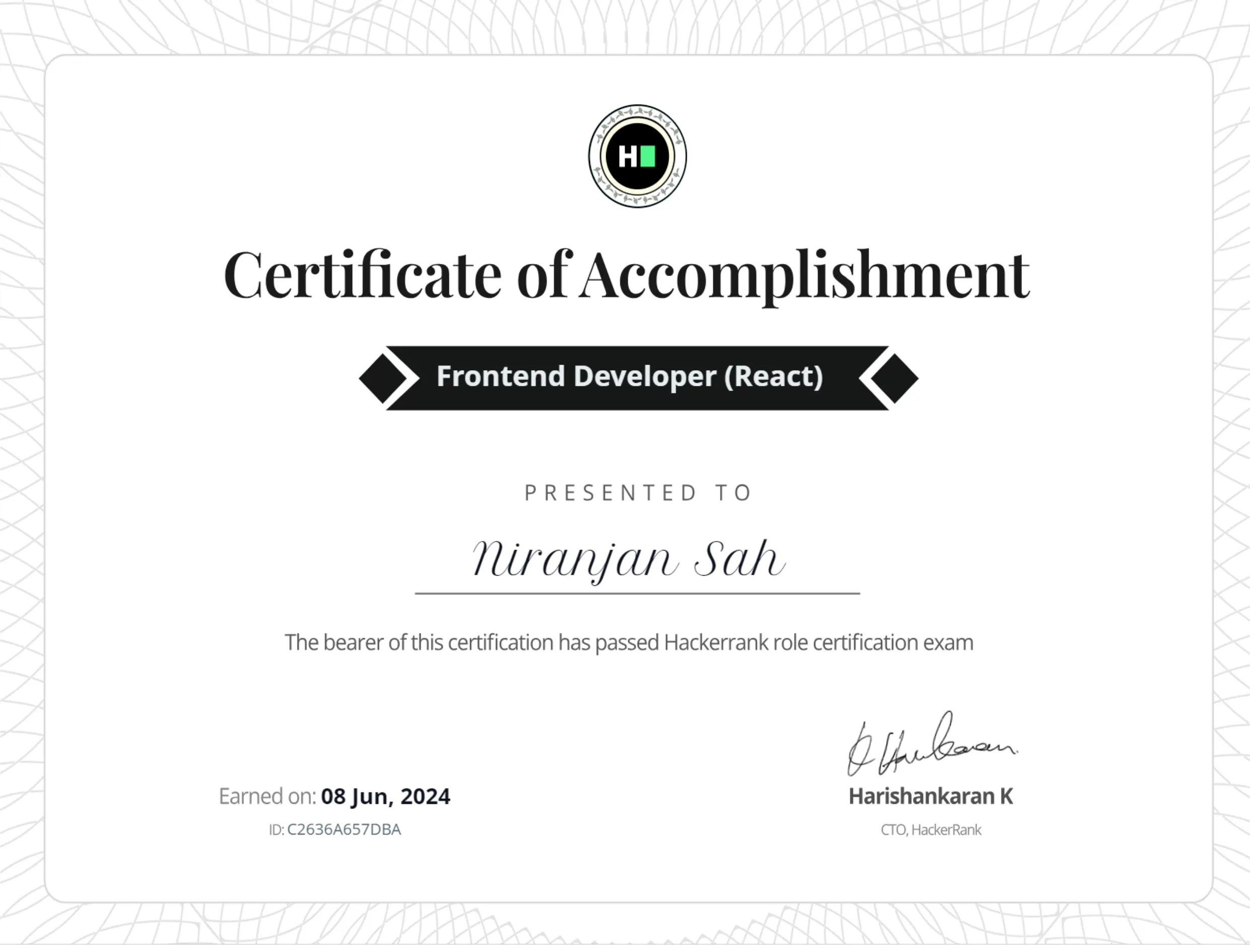 Frontend Developer (React) certificate